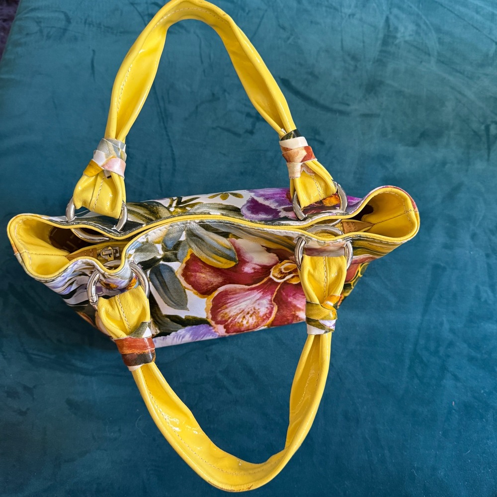 Cecconi Piero Italian Floral Leather Handbag Yellow Purple White Mini Tote Bag - Picture 3 of 15